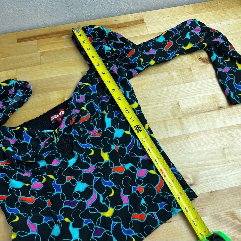 Staud Josephine Black Printed Multicolor Crepe Long Sleeve Sweetheart Top Size 2
